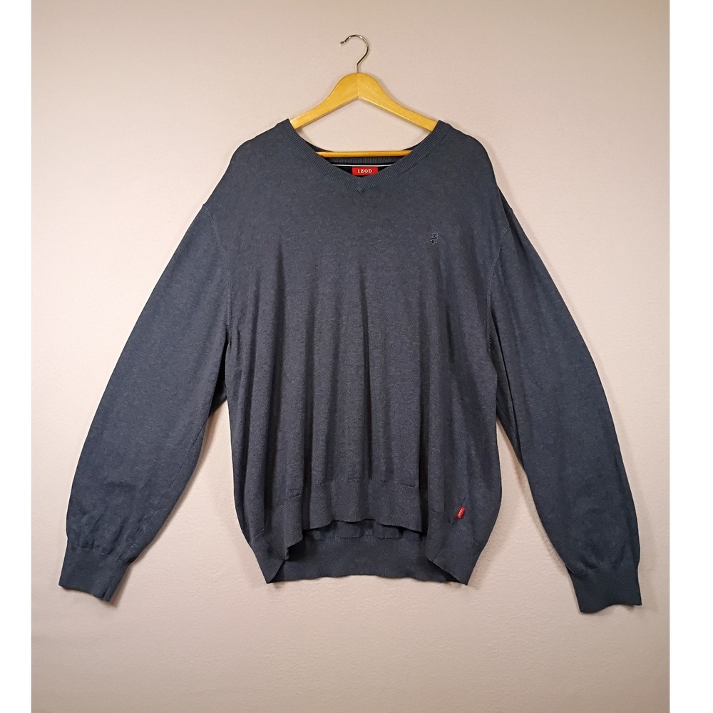 Classic Preppy IZOD Mens XXL Blue V-Neck Long‎ Sleeve Knit Logo Sweater